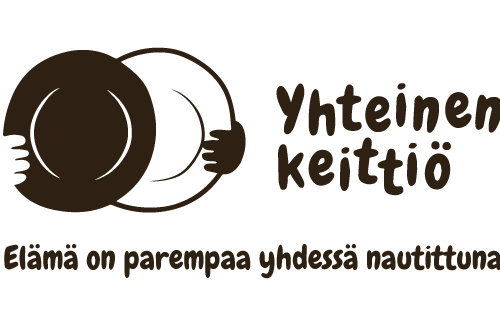 Yhteisen keittiön logo, kädet pitelevät mustaa ja valkoista lautasta