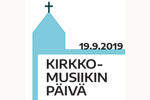 Kirkkomusiikin päivän logo, jossa on sininen tyylitelty kirkko