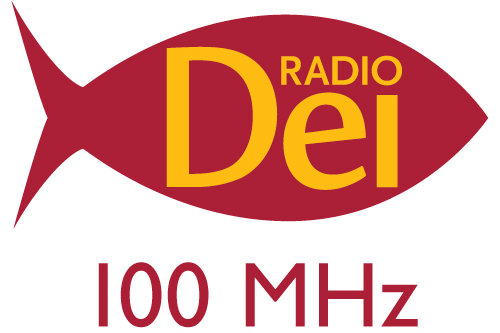Radio Dein logo, jossa on punainen kala